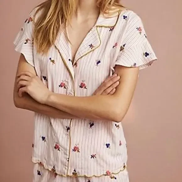 Anthropologie Pure + Good Floral Embroidered Striped Pajama Shirt Small - Picture 1 of 9